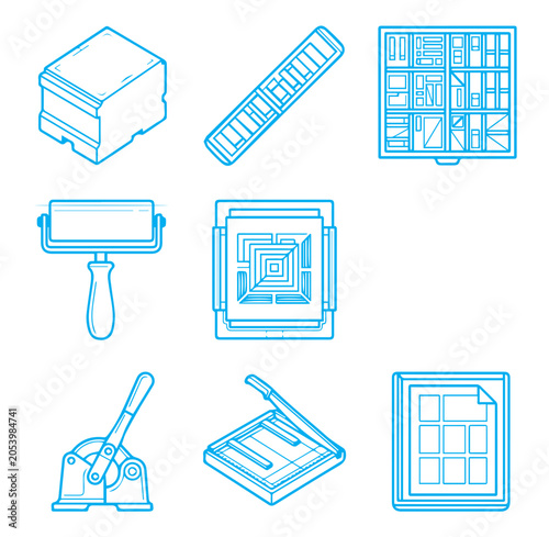 Fotografia Set of blue outline showing bookbinding and printmaking tools, including rollers