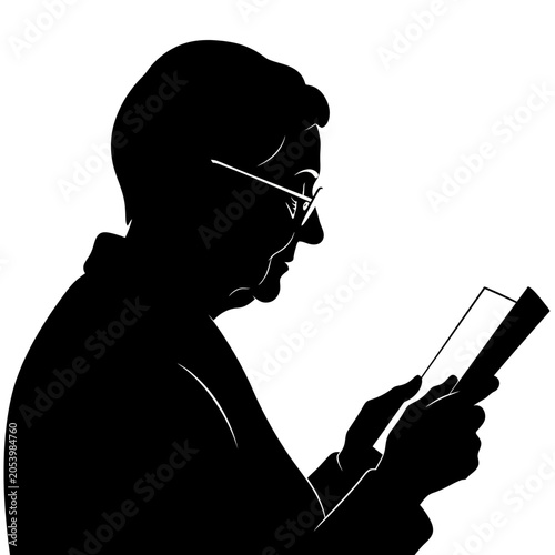 Silhouette of an elderly person with glasses reading a document or book, profile view, isolated on white background
