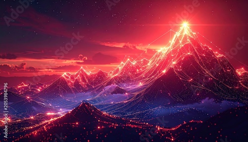 Glowing mountain range with connected lights at dusk, dramatic red sky