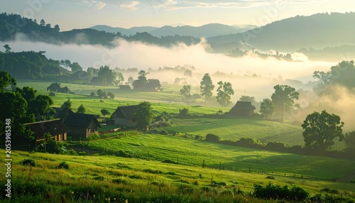 Rolling hills and quaint houses in a misty valley at dawn