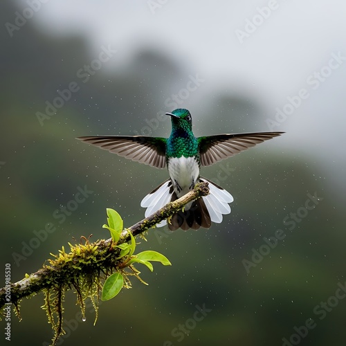 Emerald Hummingbird Spreading Wings on Mossy Branch in Cloud Forest.