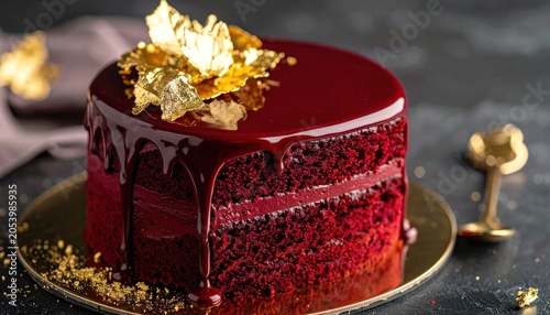 Delicious red velvet cake with gold leaf garnish and glaze