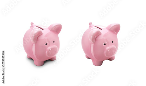 A pink piggy savings, investment bank level from the front / side at 45 degree angle with and without shadow isolated against a transparent background