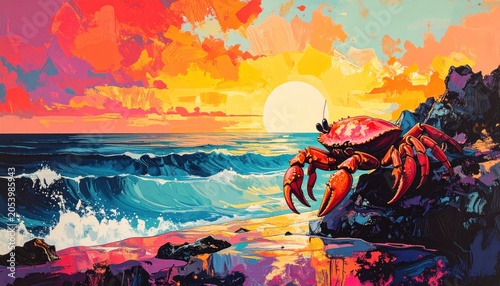Vivid artwork depicts a crab on a beach at sunset