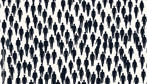 Silhouette crowd; one figure stands out in red, amidst a black and white