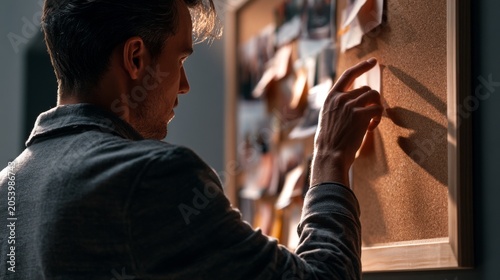 Close-up of a hand selecting a note from an inspiration board covered with images and reminders.