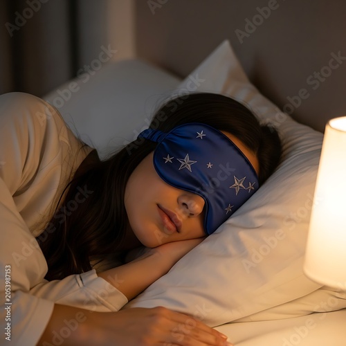 Woman Sleeping Peacefully with Eye Mask in Bed at Night.