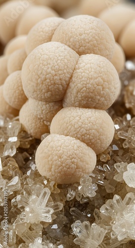 Close-up of Botryoidal Smithsonite Mineral Specimen on Quartz Crystals.