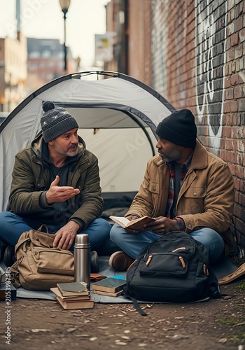 Two Men Sharing a Book and Conversation Outside a Tent.