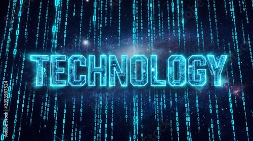 Technology word with glowing circuit board texture and falling digital binary code