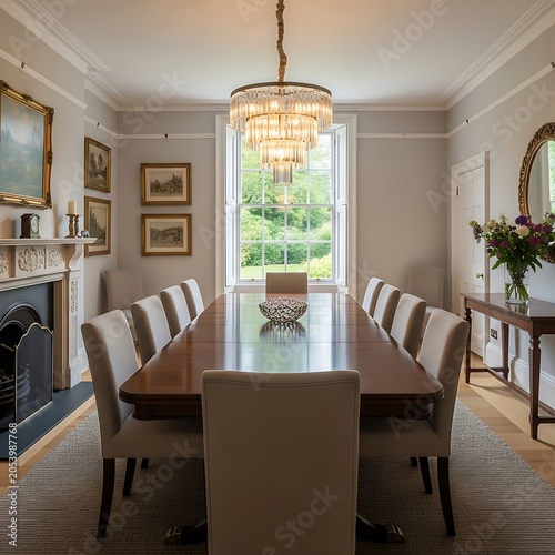 Elegant Dining Room with Chandelier and Garden View.