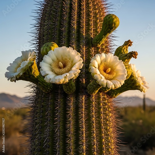 Saguaro Cactus Blossoms in the Arizona Desert at Sunset.