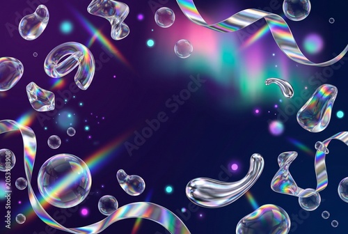 Futuristic iridescent fluid elements border with copy space for modern technology design