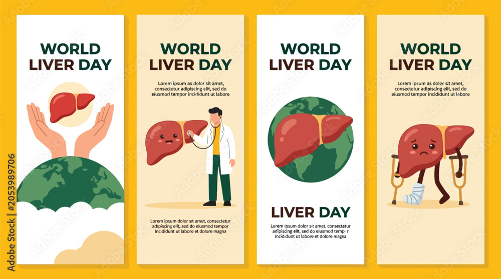 Fototapeta premium A collection of four vertical banners featuring stylized human liver illustrations for world liver day awareness campaigns with medical themes including a doctor with a stethoscope and injured liver.
