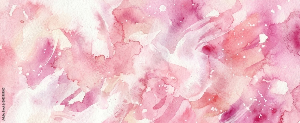Fototapeta premium Pink watercolor splash background with abstract brush strokes. Artistic hand drawn paper texture for creative design. Soft fluid paint wash pattern for invitation card and backdrop.