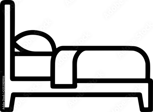 Simple line art icon of a made bed with pillow and blanket, clean design
