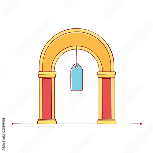 Cartoon archway with hanging tag