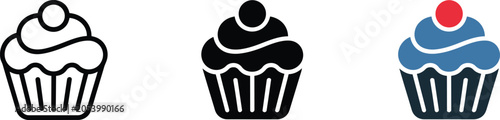 Cupcake icon featuring outline, solid black, and colored variations with blue frosting and red cherry on top
