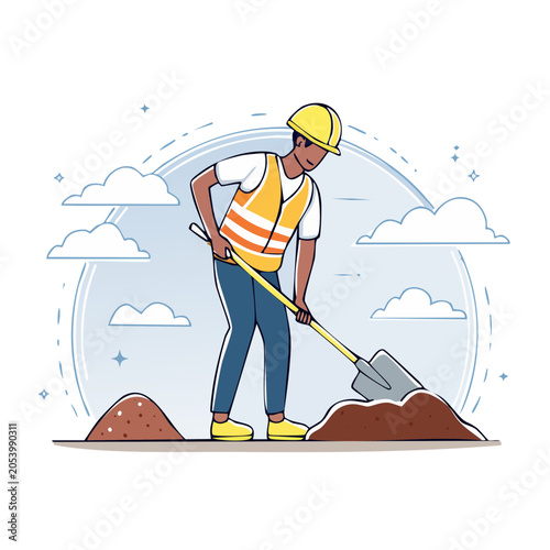 Construction Worker with Shovel Cartoon Illustration