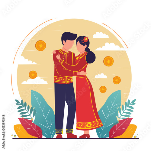 Couple in Traditional Dress Flat Illustration
