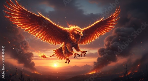 Fiery Griffin Soaring Above the Landscape at Sunset.