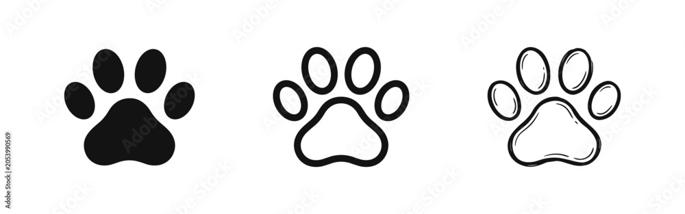 Fototapeta premium Animal Paw Print Footprint Icon Set in Flat, Outline, and Hand-Drawn Sketch Styles for Pets