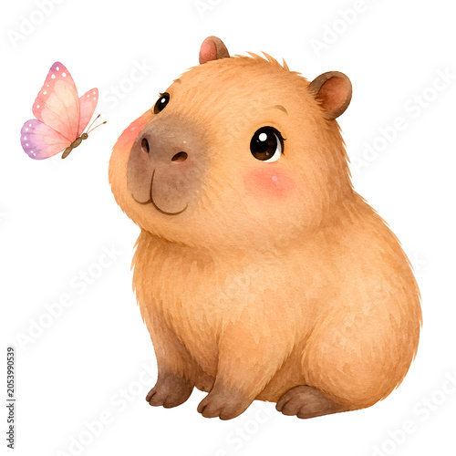 Cute capybara with pink butterfly, adorable animal illustration with soft fur and big eyes, charming wildlife art