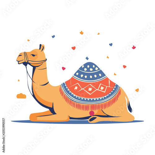 Flat Illustration of Camel with Decorative Saddle