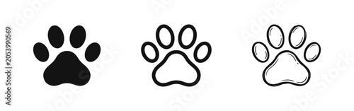 Photography Animal Paw Print Footprint Icon Set in Flat, Outline, and Hand-Drawn Sketch Styl