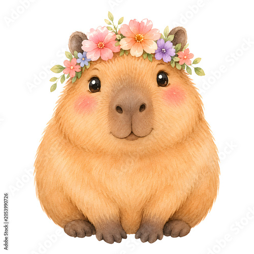 Cute capybara with flower crown, soft fur and bright eyes, adorable animal illustration with gentle expression