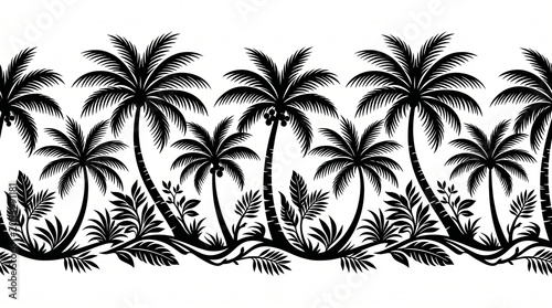 Tropical palm tree border, black silhouette, palm trees and leaves, jungle foliage, decorative design element