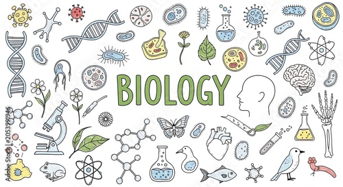 Biology science doodles with DNA microscope and cells background.