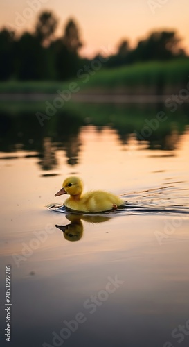 Ducklings Serene Swim at Sunset - A Moment of Tranquility.