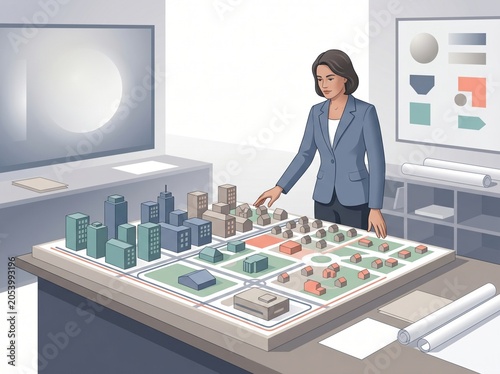 Mayor beside shrinking residential city model during urban planning session