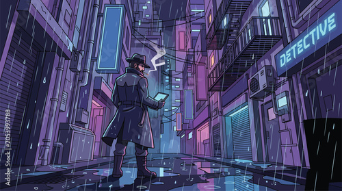 Quadro em tela Cyberpunk Detective Investigating Digital Clues in Neon City Alley at Night, Fut