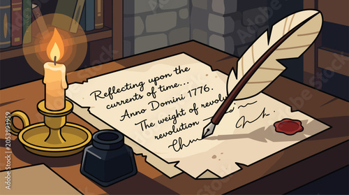Vintage Writing Desk with Quill, Inkwell, and Candle for Historical Documentation & Storytelling