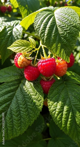 Ripe Raspberries on the Vine - A Close-Up of Summers Bounty.