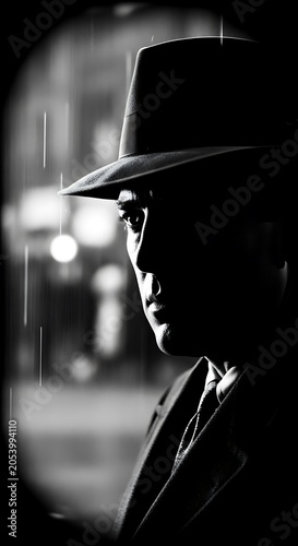 Noir Portrait of a Man in Shadowy Cityscape.
