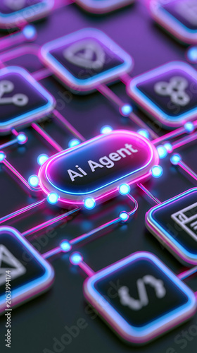 Futuristic neon digital network circuit board with central AI Agent glowing button connecting smart tech nodes and data flow icons in cyber software concept