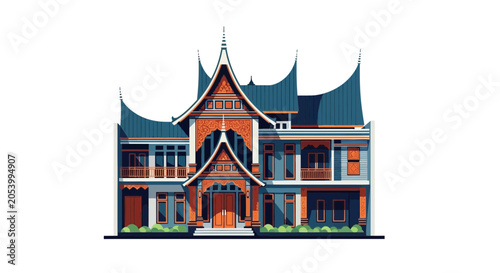 Fotografie Large Ornate Building With Pointed Roofs.