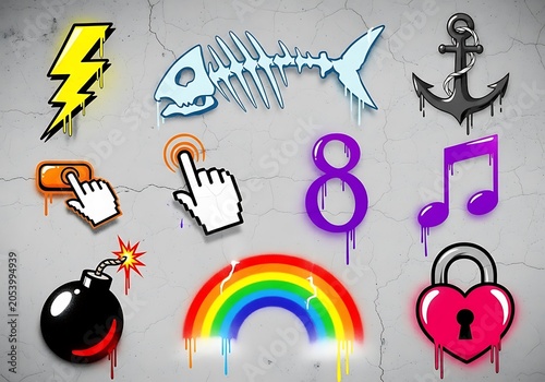 Graffiti Icons on Concrete Wall - A Vibrant and Playful Collection.