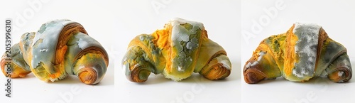 Three moldy croissants on a white surface, showing different angles of the decaying baked goods