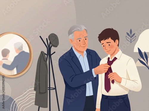 Senior teaching teenager necktie knot before first formal event preparation