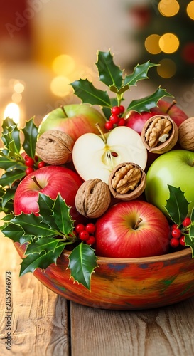 Festive Fruit Bowl - Apples, Holly, and Walnuts for Christmas.
