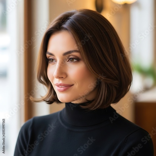 Portrait of a Confident Woman in Black Turtleneck Looking Away.