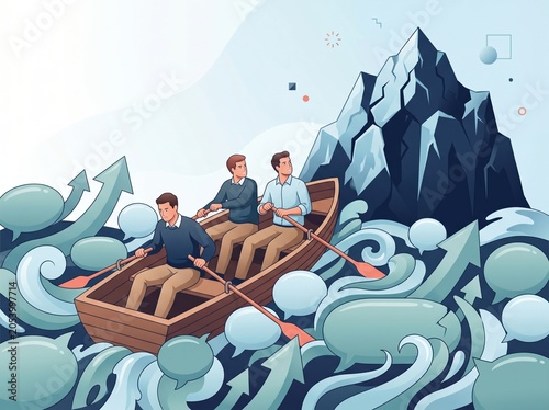 Investors Rowing Through Market Hype Toward Reality Iceberg Concept