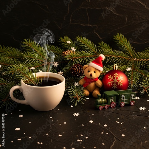 Christmas Morning Warmth - Coffee, Teddy Bear, and Holiday Cheer.