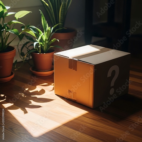 Mystery Box in Sunlight - A Cardboard Enigma Among Potted Plants.