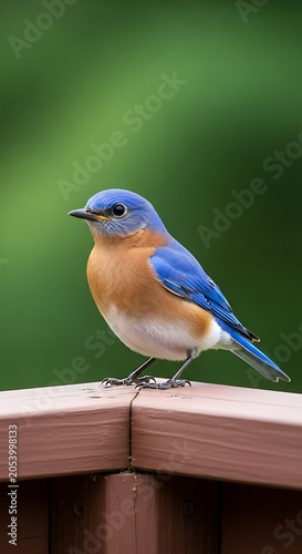 Eastern Bluebird Perched on Wooden Railing Against Green Background.