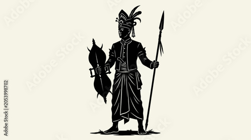 Warrior with spear and animal hide.